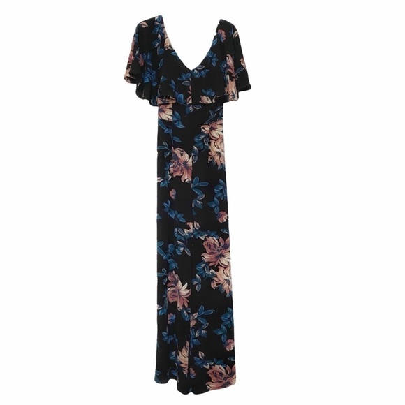 June & HUDSON BLACK FLORAL WIDE LEG RUFFLE CRISS CROSS JUMPSUIT - L - Picture 1 of 8